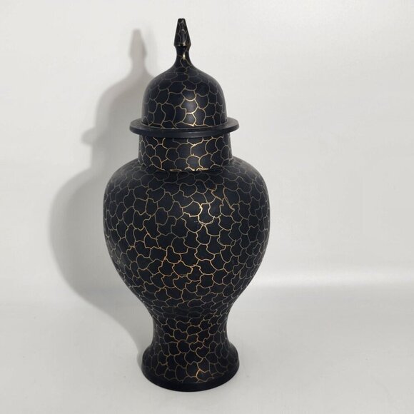 Black Gold Moroccan-Inspired Lidded Metal Urn Hand Painted Vintage Made in India - Picture 1 of 12